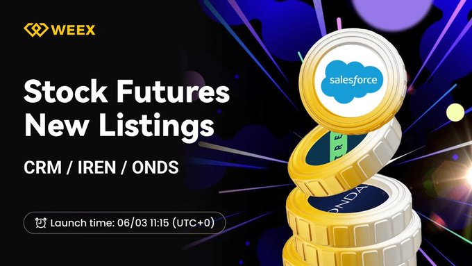 The image features a poster for a stock future listing event, with a stack of gold coins as part of the presentation. The text on the poster announces that there will be a new listing of Salesforce on WEEX, and provides details about the launch time and location.