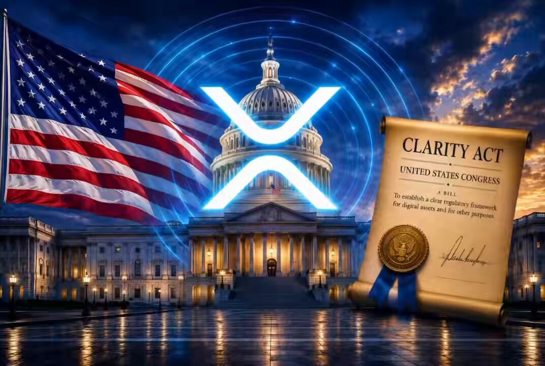 The image features an American flag with "X" written above it, a document titled "CLARITY ACT WEEK", and a building with a dome. The text in the image suggests that the U.S. Senate has recently passed the CLARITY Act, which could potentially lead to significant capital gains for those who invested in Bitcoin or other cryptocurrencies before the act was passed.

The post also mentions XRP as an example of how regulatory clarity can benefit the crypto market. The combination of these elements creates a sense of anticipation and excitement about the potential impact of the CLARITY Act on the crypto industry.