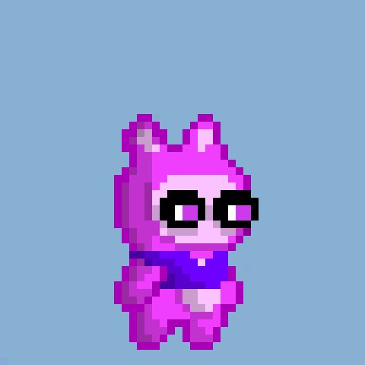 A pixelated purple character wearing glasses, representing an NFT by @ChumlinsX, is centered against a light blue background.
