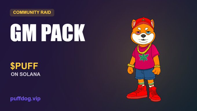 A promotional graphic for 'GM PACK' featuring a cartoon dog mascot in pink shirt and gold chains, advertising '$PUFF ON SOLANA' at puffdog.vip.