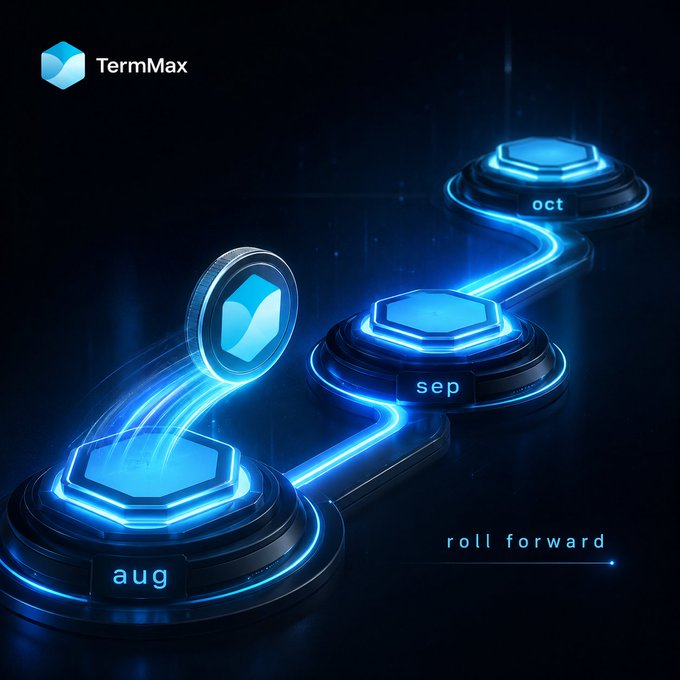 A futuristic blue glowing digital graphic showing connected hexagonal platforms labeled "aug", "sep", and "oct" with a "TermMax" logo and the text "roll forward" at the bottom.