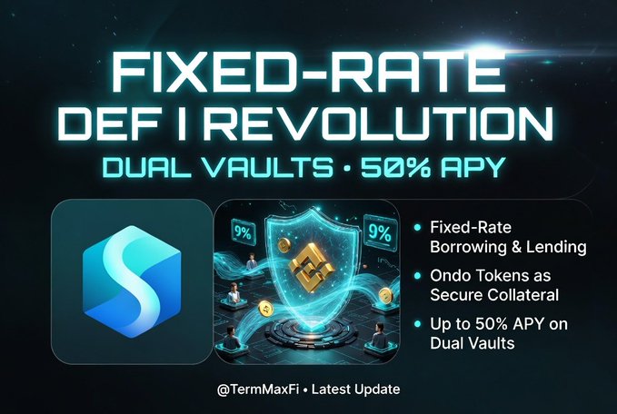 The image features a poster for a new app called "TermMaxFi" that offers fixed-rate lending services using Ondo's stock tokens as collateral. The poster includes a blue shield with a gold coin symbolizing the app, along with text promoting the app and its benefits. The main focus of the post is to highlight the innovative approach of the app in streamlining financial transactions while ensuring security through the use of Ondo's tokens.
