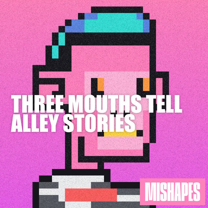 A pixel-art style cover featuring a stylized portrait with a cyan headband against a pink background, with text reading 'THREE MOUTHS TELL ALLEY STORIES' and a 'MISHAPES' label in the corner.