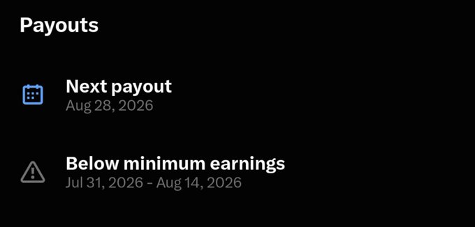 A Payouts screen showing 'Next payout' scheduled for Aug 28, 2026, and a warning for 'Below minimum earnings' from Jul 31, 2026 - Aug 14, 2026.