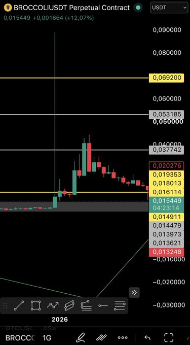 The image shows a TradingView chart for the BROCCOLI/USDT Perpetual Contract, currently trading at 0.015449 USDT with a +12.07% gain, displaying a notable price spike to roughly 0.05 before pulling back. This chart visually reinforces the post's excitement about $BROCCOLI being "here," showcasing its recent volatile but strong upward movement on the perpetual futures market.