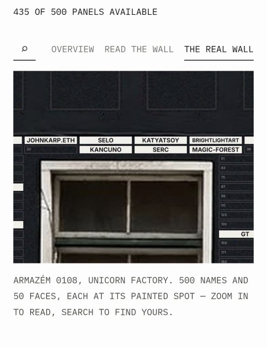 A screenshot of a web page titled 'THE REAL WALL' displays an image of a building's facade with names labeled on specific panels, noting '435 OF 500 PANELS AVAILABLE' and mentioning 'ARMAZÉM 0108, UNICORN FACTORY'.