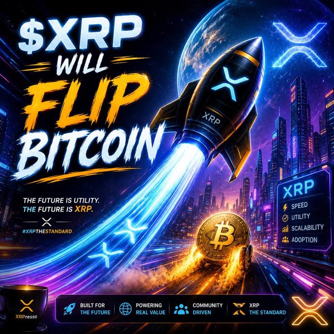 The image features an advertisement for Bitcoin flipping, with a rocket ship flying through space above a city skyline at night. The text on the poster reads "$XRP will flip Bitcoin", indicating that Bitcoin flipping is being promoted by Ripple. The rocket ship in the background symbolizes the futuristic nature of this new technology and its potential impact on the financial world.