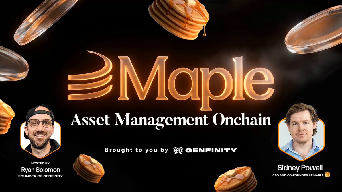 The image shows a banner advertisement for Maple Asset Management Onchain. It features two men, one wearing a baseball cap and another wearing glasses, positioned on either side of the "Maple" word displayed in white letters. The banner displays various types of pancakes suspended in mid-air around the logo, accompanied by the text "Maple sweet points: $20B+ loans originated; $4B AUM; #2 global Bitcoin-backed lender; $500M loan settled on a Saturday; leverage the crypto. Skip the tax."