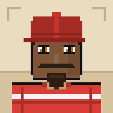 A pixel art character with dark skin, a mustache and goatee, wearing a red hat and red and white striped shirt.