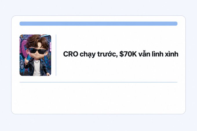 A post featuring a cartoon avatar of a man with sunglasses and leather jacket, with text reading 'CRO chạy trước, $70K vẫn linh xinh' (CRO runs ahead, $70K still cute).
