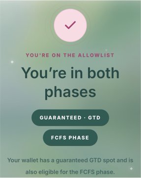 A pink and green gradient elibility card displays a checkmark with the text "YOU'RE ON THE ALLOWLIST" and "You're in both phases," featuring two buttons labeled "GUARANTEED - GTD" and "FCFS PHASE," confirming the wallet has a guaranteed GTD spot and is eligible for the FCFS phase. The image relates to the post by showcasing the result of the Momoyumemi wallet checker, indicating that the user qualifies for both the Guaranteed and First-Come-First-Serve phases of the allowlist.