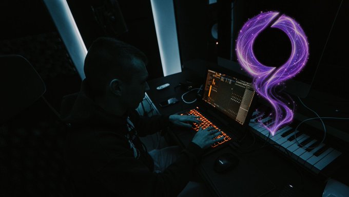 A young man in a dimly lit room sits at a laptop displaying audio editing software next to a MIDI keyboard, accompanied by a glowing purple graphic of the League of Legends logo.