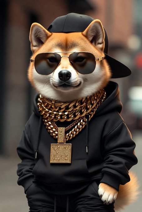 A Shiba Inu dog dressed in streetwear, wearing a black backwards cap, gold aviator sunglasses, a black hoodie, and layered gold chains with a "DOGE" pendant. The stylish canine embodies the cool, confident Dogecoin mascot associated with the DOGE cryptocurrency.