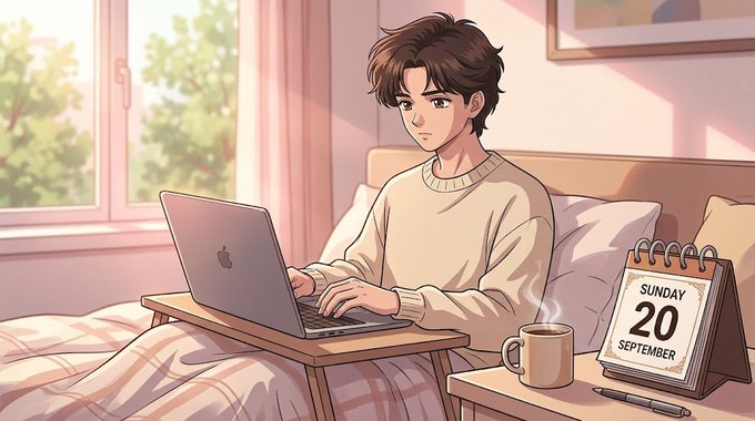 An anime-style illustration depicts a young man with brown hair sitting on a bed working on an Apple laptop, with a steaming coffee mug, a calendar showing 'SUNDAY 20 SEPTEMBER', and a window with trees in the background.