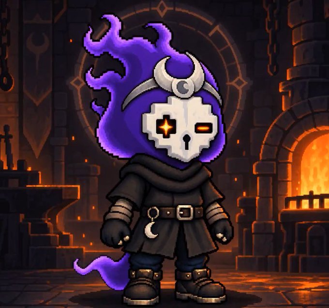 A pixel art character featuring purple flame-like hair, a white skull mask with a crescent moon symbol, and dark clothing, standing in a stone dungeon with a lit furnace in the background.