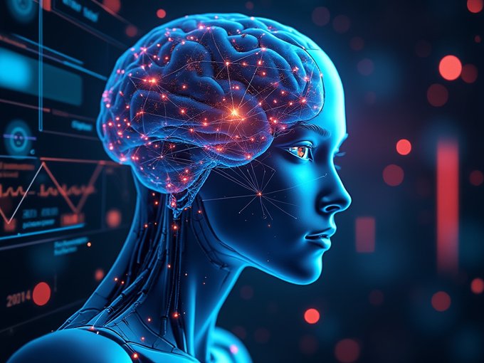 A stylized digital illustration of a futuristic female android or cyborg in profile, featuring a glowing, illuminated brain with visible neural networks and bright nodes against a dark, data-filled background.
