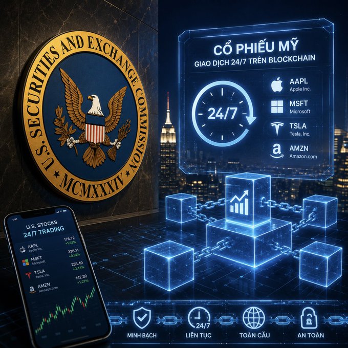 A promotional graphic for U.S. stock trading features the SEC seal, a holographic 'CỔ PHIẾU MỸ / GIAO DỊCH 24/7 TRÊN BLOCKCHAIN' display showing tickers AAPL, MSFT, TSLA, and AMZN, and a phone showing 24/7 trading data.