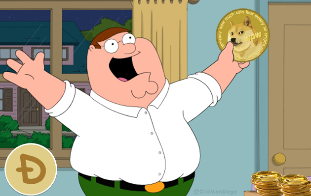 The image features a cartoon man, likely an older character from the TV show "Family Guy", holding up a coin with a dog face on it. The coin has the text "Doge" written on it. In the background of the image, there are stacks of gold coins and a house visible. The caption for this image reads: "Focus on what is in the image and how it relates to the post".