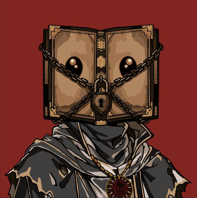 A digital illustration of a mysterious figure wearing tattered gray robes and a medallion, with their head replaced by an open spellbook bound in chains and secured with a padlock against a dark red background.