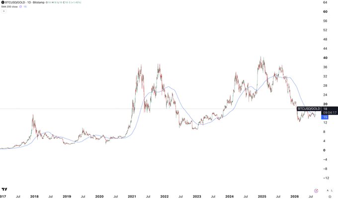 A line chart displaying the BTCUSD/XAU (Bitcoin-to-Gold) ratio from 2017 to 2026, with the current value at 13.3 (down 1.8%) as of 09/29/17, illustrating that while Bitcoin has dramatically outperformed gold over time—peaking near 44 in 2024-2025—the ratio currently sits well below its highs, supporting the claim that Bitcoin remains "relatively cheaper" than gold.
