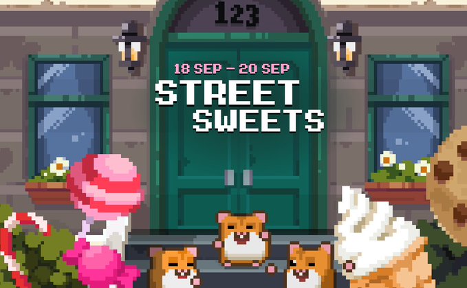 Pixel art promotional graphic for 'STREET SWEETS' dated '18 SEP - 20 SEP' featuring a green door marked '123,' various pixelated cats, ice cream, and a cookie.