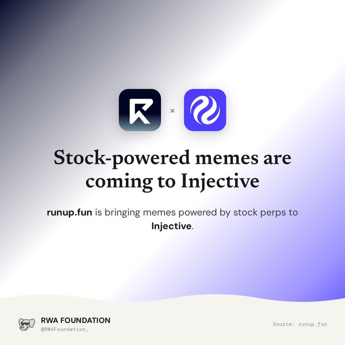 A promotional graphic announces that 'runup.fun is bringing memes powered by stock perps to Injective,' featuring logos for runup.fun and Injective, credited to RWA Foundation (@RWAFoundation_).