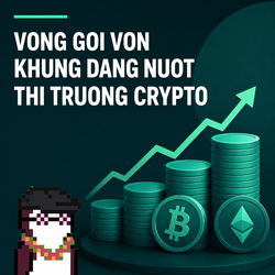 The image depicts a rising green graph overlaying stacks of coins, with Bitcoin and Ethereum symbols visible, symbolizing the concentration of cash flow in the crypto market as indicated by the "VONG GOI VON KHUNG DANG NUOT THI TRUONG CRYPTO" text. This visually represents the increasing dominance of large funding rounds in the crypto space, aligning with the provided text about massive funding rounds "swallowing" the market.
