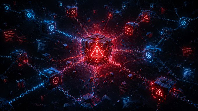 A dark digital artwork depicting a central glowing red cube with a warning triangle, connected by red chains to surrounding blue cubes with shield icons against a starry background.