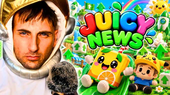 A thumbnail for "Juicy News #1506" features a man in a white hooded outfit holding a microphone next to the colorful Juicy News logo, with a cute cartoon juice box character and a Pikachu-like figure set against a vibrant landscape with rainbows and green upward arrows. The image promotes a live YouTube stream covering crypto prices (Bitcoin $87,000, Ethereum $2800), oil at $91, and breaking news about X partnering with exchanges like Gemini, Kraken, Moomoo, and Coinbase.