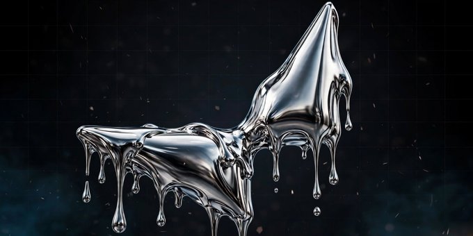 A surreal chrome metallic sculpture with a dripping, liquid-like texture floats against a dark, starry background.