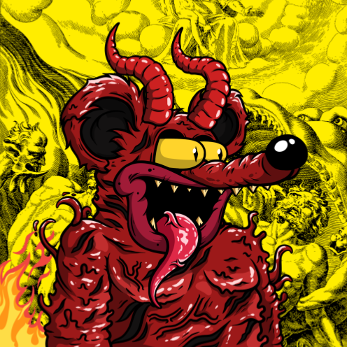 A red devilish Rat Fink-inspired creature with horns, a long tongue, and a menacing grin appears prominently in the foreground against a yellow background filled with grotesque monster figures, representing the "GMONSTER" NFT collection of 4,444 creatures launching as a free mint on Ethereum.