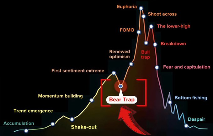 A market cycle chart illustrating various phases including Accumulation, Trend emergence, Momentum building, First sentiment extreme, Shake-out, Renewed optimism, Euphoria, Shoot across, The lower-high, Breakdown, Fear and capitulation, Bottom fishing, and Despair, with the current position highlighted at the "Bear Trap" stage between Shake-out and Renewed optimism, marked by a large red arrow pointing toward the selection. The image directly addresses the post's question about Bitcoin's location in the cycle, suggesting it is at the "Bear Trap" phase with renewed optimism likely to follow.