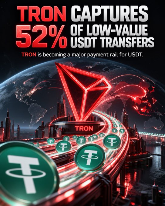 A digital graphic with the headline "TRON CAPTURES 52% OF LOW-VALUE USDT TRANSFERS" features a glowing red TRON logo hovering above a futuristic cityscape, with green USDT (Tether) coins flowing along a highway-like network path—visually reinforcing the post's message that TRON has become the dominant payment rail for small-value USDT transactions.
