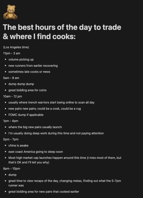 The image is a text post titled "The best hours of the day to trade & where I find cooks:" with a teddy bear emoji, detailing Los Angeles time-based trading hours from 11pm-3am through 8pm-10pm, noting market activity, dump periods, and optimal coin bidding times. It accompanies a post offering "Some free alpha," serving as a trading schedule guide to help others identify prime times to find market "cooks" (failed trades/dumps) and capitalize on crypto market movements.