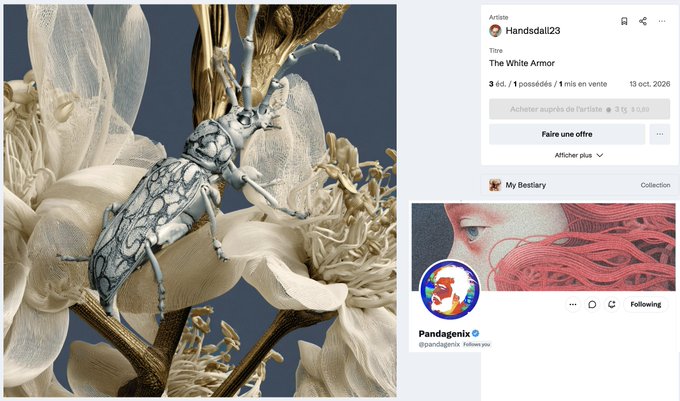 A digital art piece titled 'The White Armor' by artist Handsdali23 is displayed alongside a 3D-rendered insect on a flower, with the artwork available for 3 Ed. in an online marketplace.