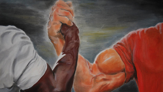 The image depicts an arm-wrestling match between two muscular figures, one in a white shirt and the other in red, gripping hands in a tense struggle. It symbolizes the "DOC vs REMUS" competition, evoking the fierce rivalry described in the post.