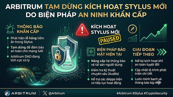Vietnamese infographic titled 'ARBITRUM TẠM DỪNG KÍCH HOẠT STYLUS MỚI DO BIỆN PHÁP AN NINH KHẨN CẤP' explaining security measures with sections like 'THÔNG BÁO KHẨN CẤP', 'KÍCH HOẠT STYLUS MỚI', 'BIỆN PHÁP BẢO MẬT HIỆN TẠI', tagged @Arbitrum.