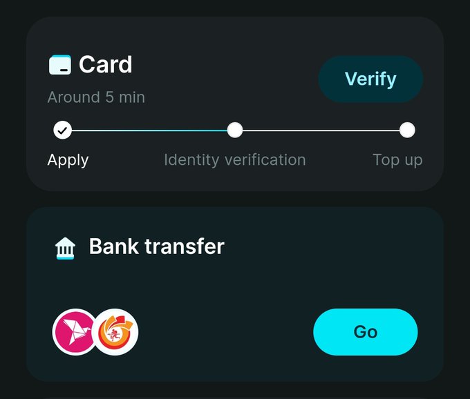 The image shows a screen displaying a bank transfer application that has been successfully sent. The text on the screen reads "Card Verify around 5 min", indicating that the card has been sent and is now being verified by the user.