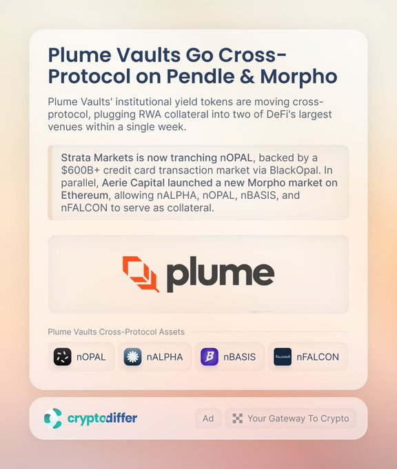 An informational graphic from CryptoDiffer titled "Plume Vaults Go Cross-Protocol on Pendle & Morpho," announcing that Plume's institutional yield tokens (nOPAL, nALPHA, nBASIS, and nFALCON) are now being used as RWA collateral across Pendle (via Strata Markets tranching nOPAL backed by a $600B+ credit card market through BlackOpal) and Morpho (via Aerie Capital's new Ethereum market), aligning with the post's announcement about cross-protocol RWA collateral integration.