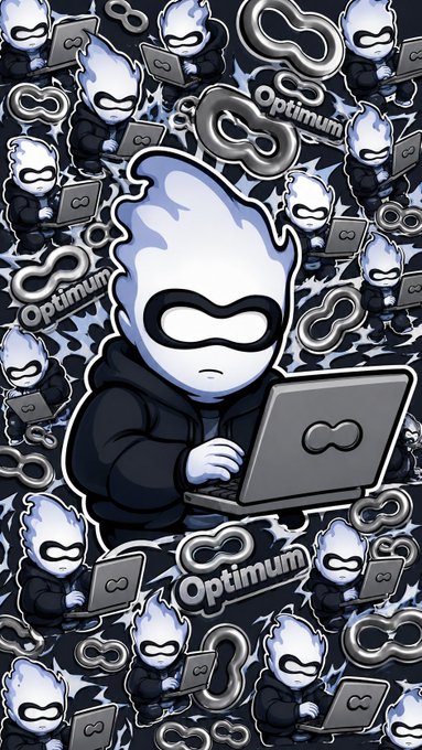 A repeating pattern-style image featuring the white-masked mascot character with a laptop and the silver 'Optimum' infinity logo on a dark blue background.