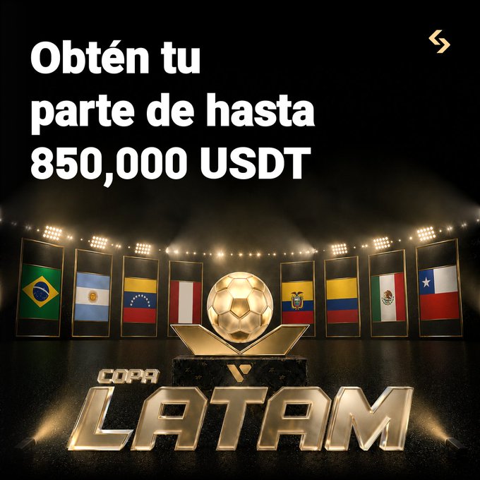 A promotional graphic for a 'Copa LATAM' event offering up to 850,000 USDT, featuring Latin American country flags (Brazil, Argentina, Venezuela, Peru, Ecuador, Colombia, Mexico, Chile) around a golden trophy.