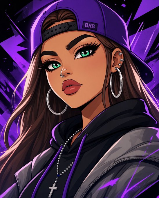 A stylized digital illustration of a young woman with green eyes, hoop earrings, and a backwards purple cap labeled 'BRB,' wearing a hoodie and cross necklace against a purple graphic background.