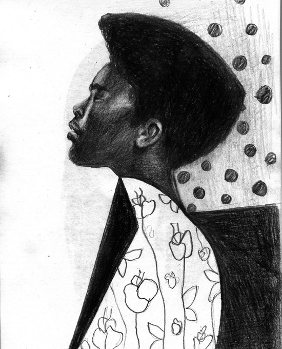 A pencil sketch of a Black woman in profile with closed eyes and a sleek updo, wearing a floral-patterned top against a polka-dot background. It corresponds to "Drawing #8" (6/10), a hand-drawn pencil-on-paper piece listed on objkt.com, celebrating its first sale.