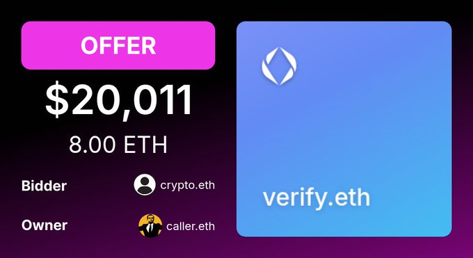 A digital auction interface displays an offer of $20,011 (8.00 ETH) for the ENS domain 'verify.eth' from bidder crypto.eth, owned by caller.eth.
