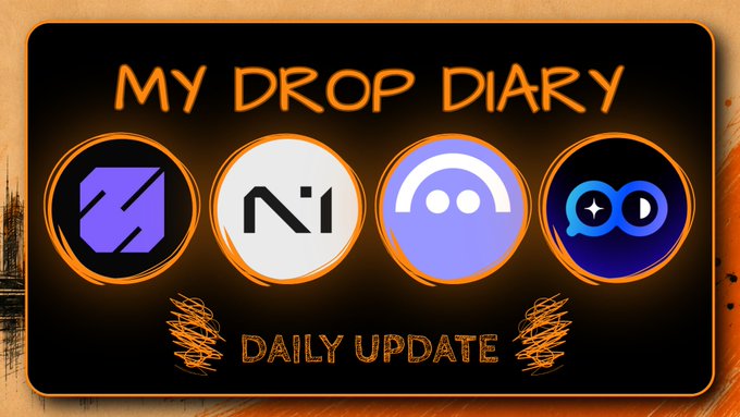 A graphic titled "MY DROP DIARY DAILY UPDATE" displays four circular icons with abstract logos on a black and orange background.