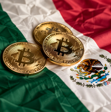 Three gold Bitcoin tokens rest on the Mexican flag, illustrating the suspected illicit cryptocurrency mining operation in Puebla where authorities seized 300 GPUs near a hydroelectric dam amid investigations into potential electricity theft.