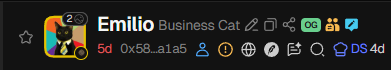 A screenshot of a Discord profile for 'Emilio Business Cat' with the address 0x58...a1a5, marked as 5 days old with various role icons and badges.
