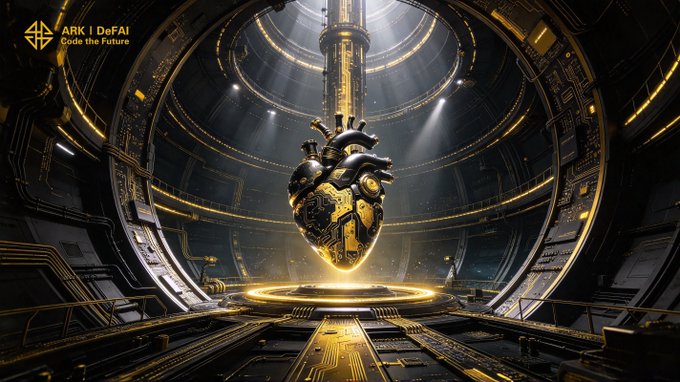 A glowing mechanical heart, adorned with circuit-board patterns and suspended within a futuristic chamber, symbolizes the central AI core of the next era—mirroring the post's vision of a single intelligent hub powering endless AI agent possibilities. The text "ARK | DeFAI: Code the Future" appears in the upper left corner, reinforcing the project's branding.