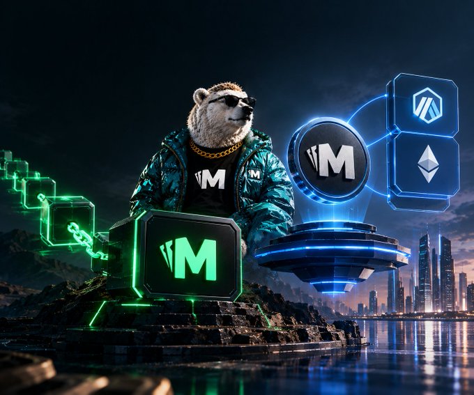A stylized bear mascot in a camo jacket stands beside glowing "M" branded symbols and crypto icons (including an Ethereum-style diamond), with the "PlayOnMint" logo visible above a futuristic cityscape—reinforcing the post's focus on the $MNTD token and its listing on Robinhood Chain.