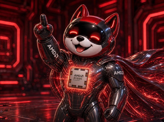 A stylized 3D-rendered robot character wearing a sleek dark suit with red glowing accents features AMD Ryzen branding and an illuminated AMD chip on its chest.
